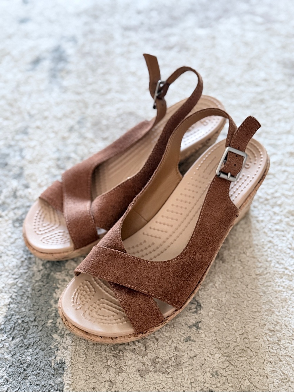 CROCS Brown Suede Slingback Wedge Sandals